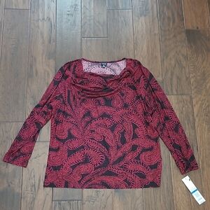 NWT Rafaella red & black paisley print top with front cowl neckline size XL